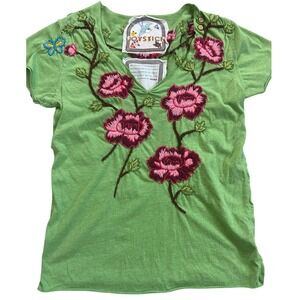 JOYSTICK Womens Green Embroidered Floral Butterfly Boho V Neck T Shirt Top Lrg